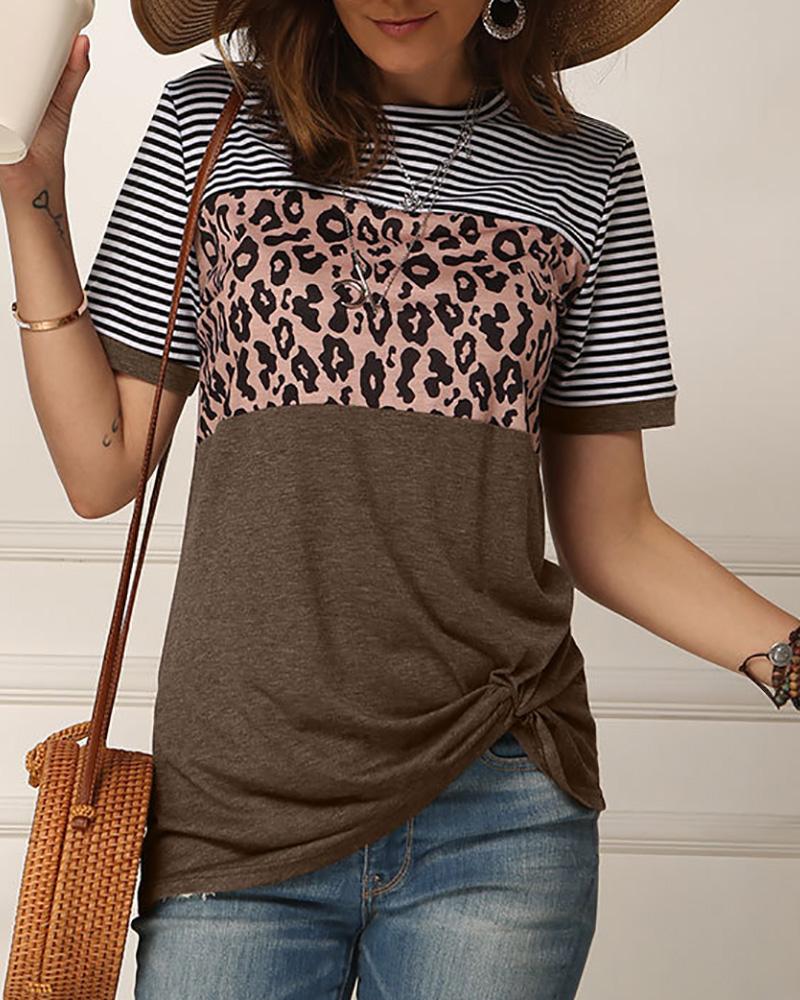 

Leopard Print Striped Twisted Short Sleeve T-shirt, Coffee