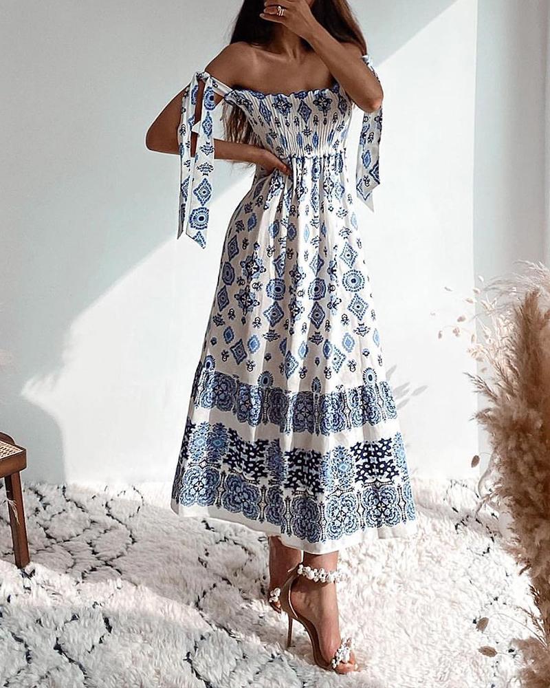 

Tied Detail Shirred Retro Tribal Print Dress, Blue