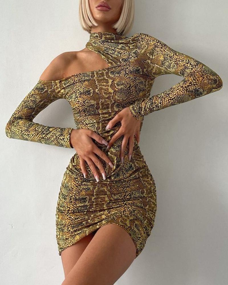 

All Over Print Cold Shoulder Ruched Bodycon Dress, Yellow