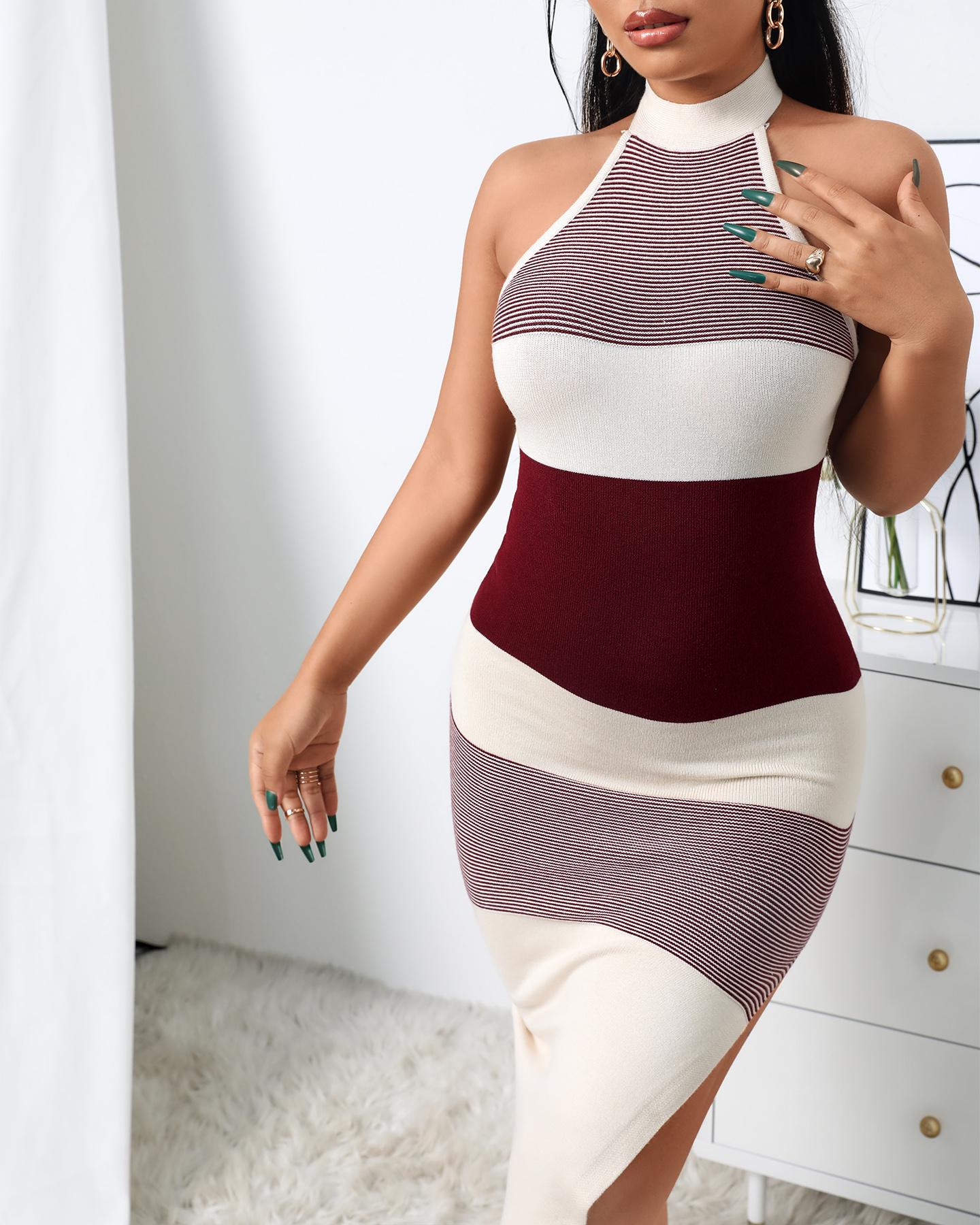 

Knit Colorblock Halter Backless Skinny Dress, Brown