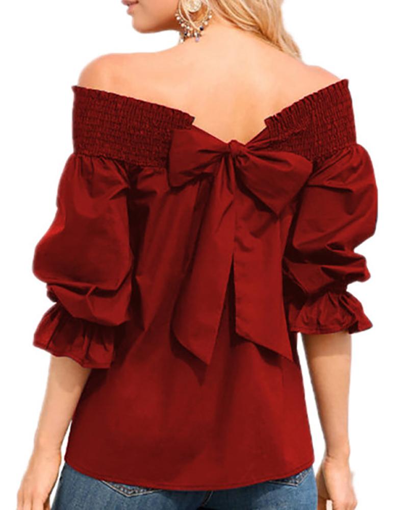 

Off Shoulder Bowknot Shirring Detail Top, Wine red