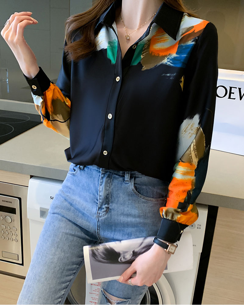 

Abstract Print Button Front Long Sleeve Shirt, Black