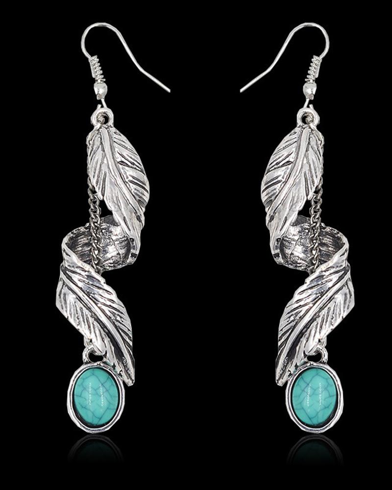 

1Pair Bohemian Leaf Twisted Turquoise Hook Earrings, Silver