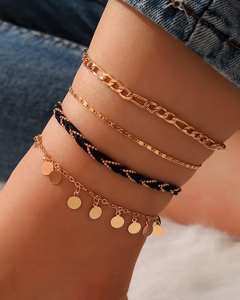 

4PCS Braided Metal Decor Disc Chain Anklet, Multicolor