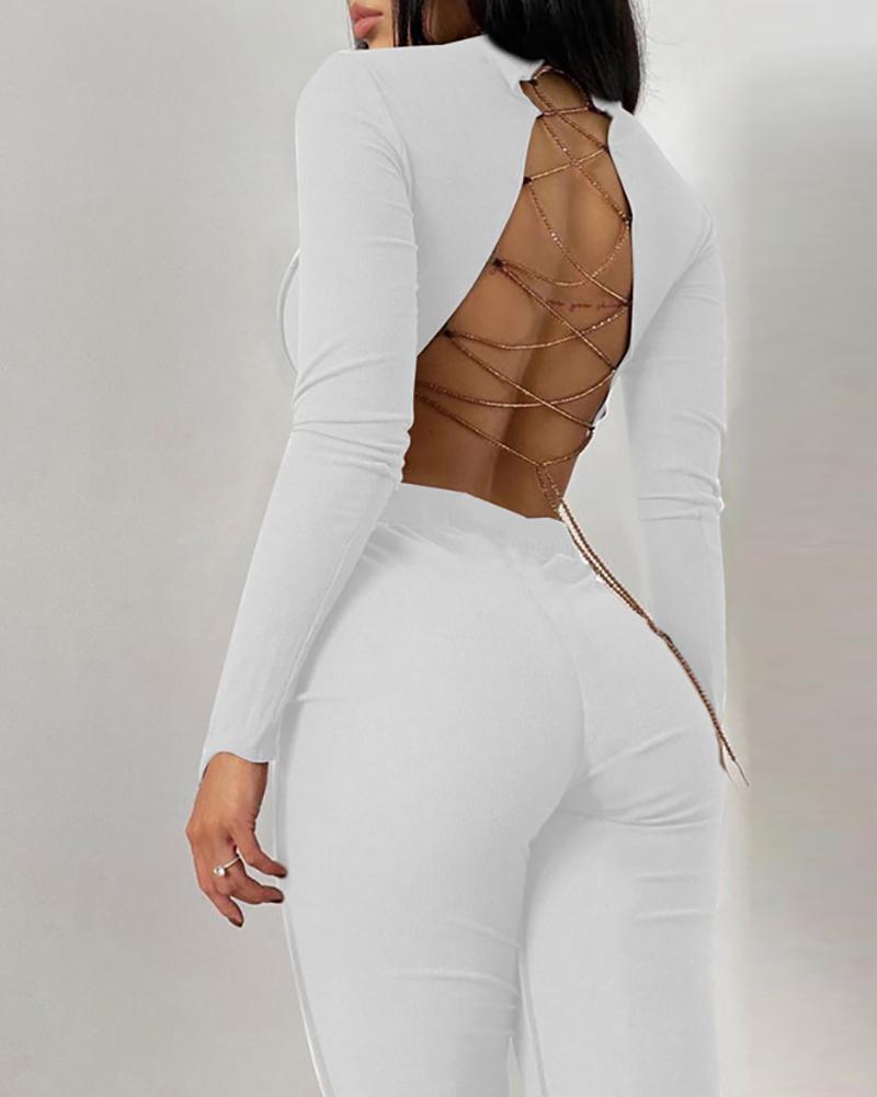 

Chain Strap Lace-up Backless Crop Top & Pants Set, White