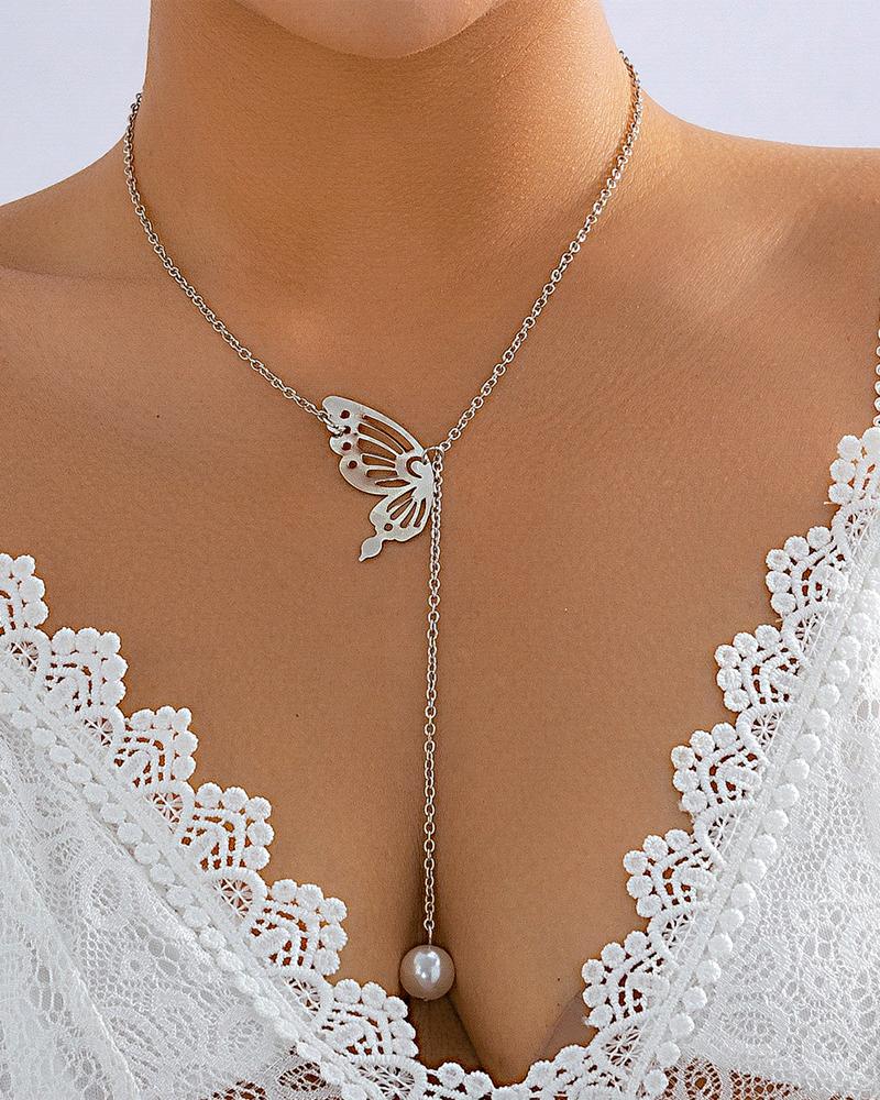 

1pc Butterfly Pearl Decor Pendant Necklace, Silver