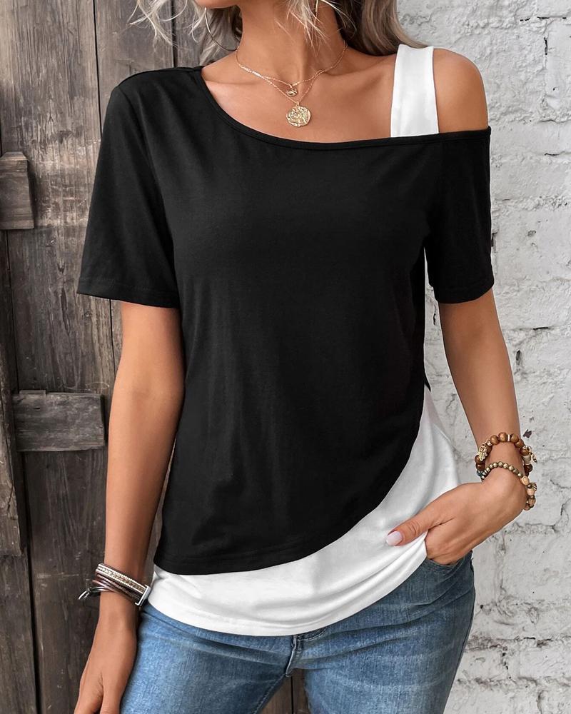 

Colorblock Cold Shoulder Short Sleeve Top, White
