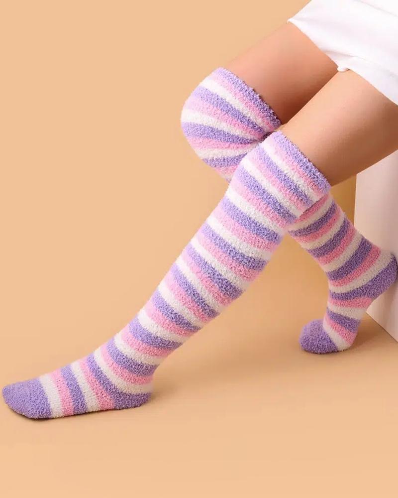 

1Pair Over The Knee Striped Thermal Socks, Purple