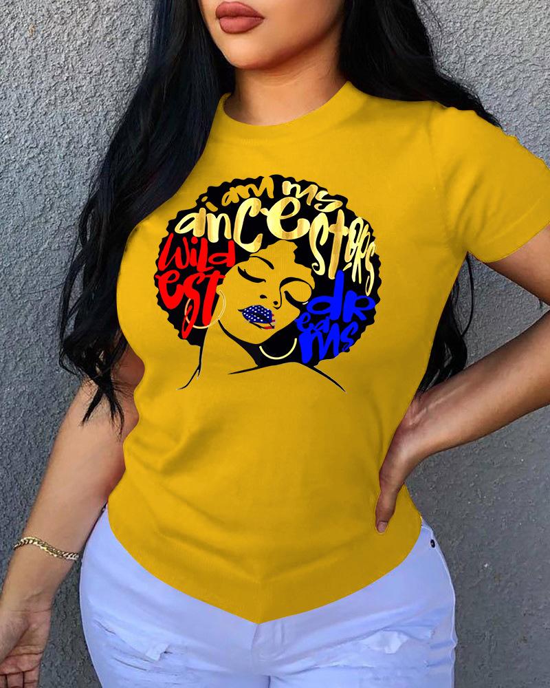 

Figure Letter Print Short Sleeve T-shirt, Yellow