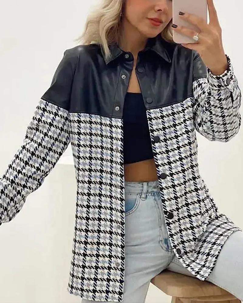 

Plaid Print PU Leather Patch Button Front Jacket, Black