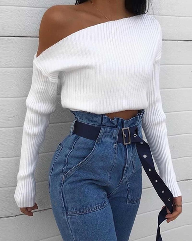 

Cold Shoulder Long Sleeve Ribbed Top, White