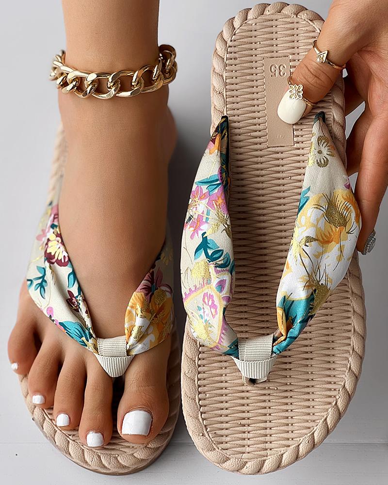 

Floral Print Toe Post Beach Flip Flops, Beige