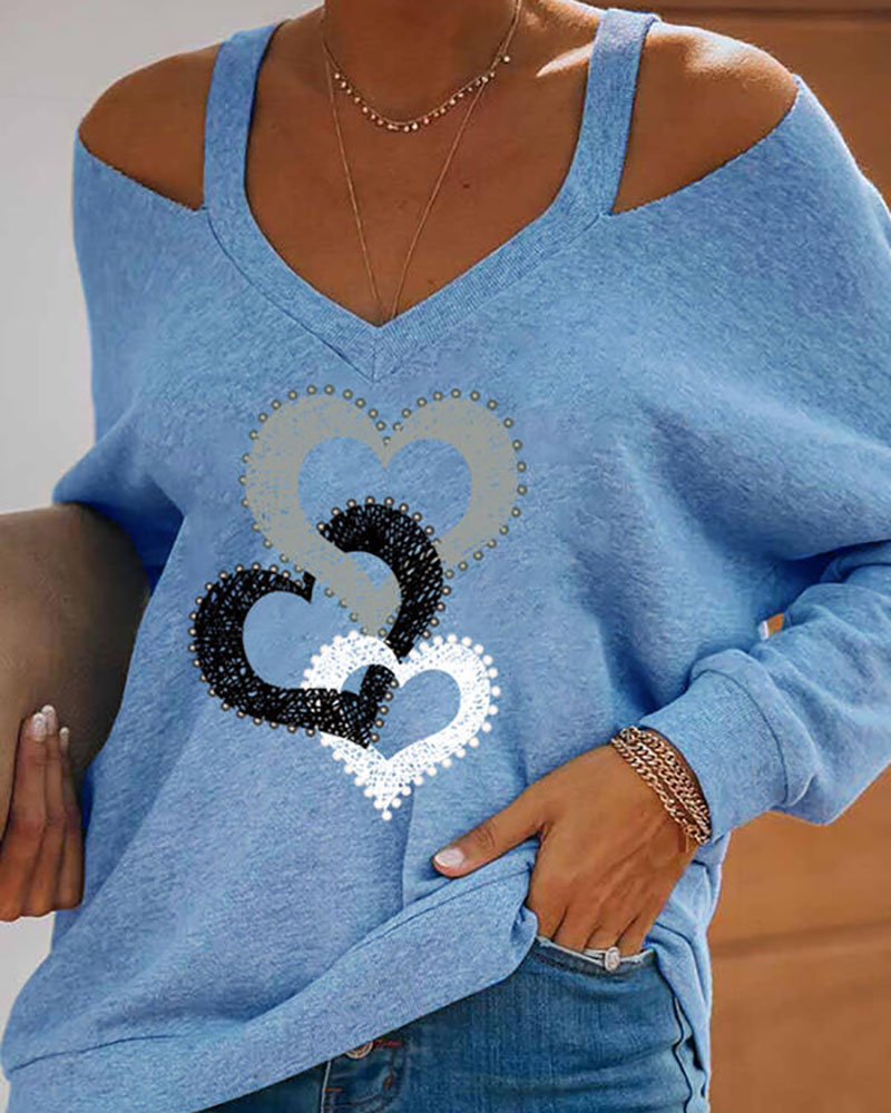 

Valentine' Day Heart Print Cold Shoulder Top, Blue