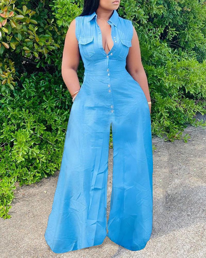 

Button Pocket Design Wide Leg Jumpsuit, Blue