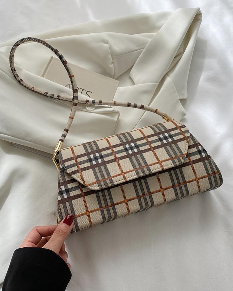 

Plaid Pattern Baguette Bag, Khaki