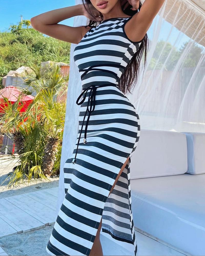 

Striped Print Crisscross Backless High Slit Dress, Blackwhite