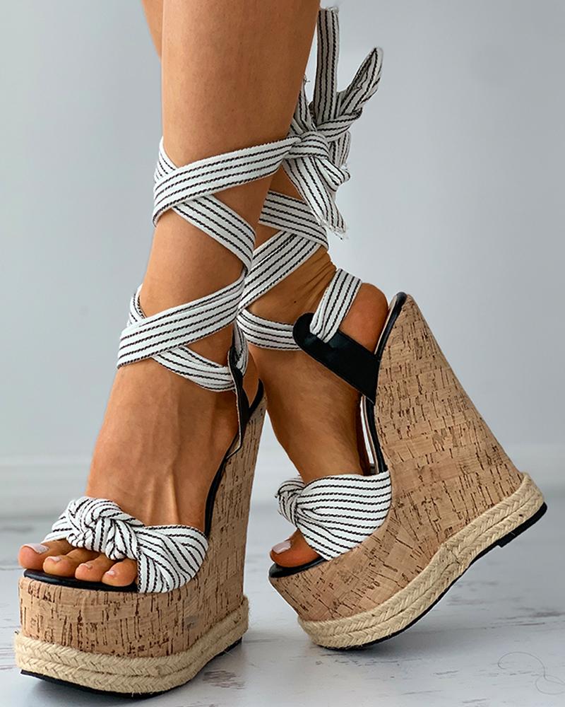 

Striped Print Strappy Cork Wedge Sandals, White