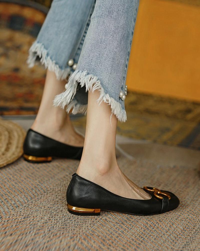 

Metallic Chain Patch Round-toe Flat Sandals Slip-on, Black