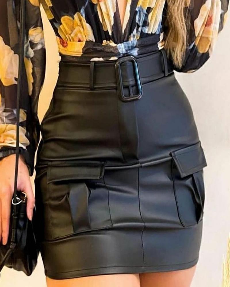 

Pocket Design Skinny PU Leather Skirt Plain Chic Mini Skinny Skirt, Black