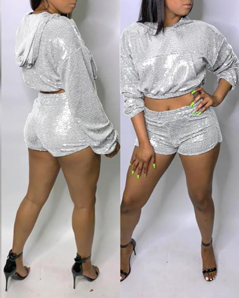

Sequins Pocket Hooded Crop Top & High Waist Shorts Set, Silver