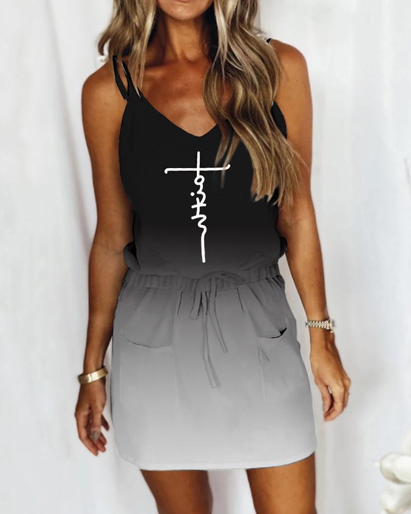 

Letter Print Ombre Drawstring Casual Dress, Black