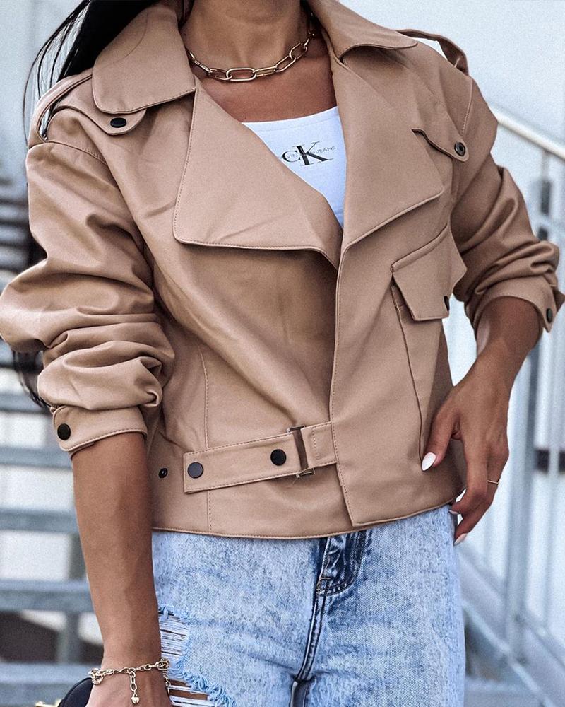 

PU Leather Buckled Button Pocket Biker Jacket, Brown