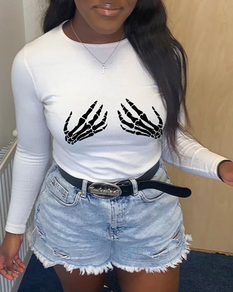 

Halloween Skeleton Hand Print Long Sleeve Top, White