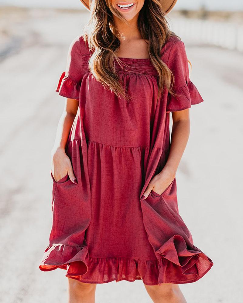 

Square Neck Shirring Design Ruffles Dress, Wine red