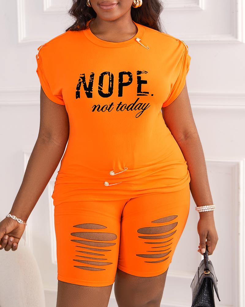 

Nope Not Today Print Casual Top & Shorts Set, Orange