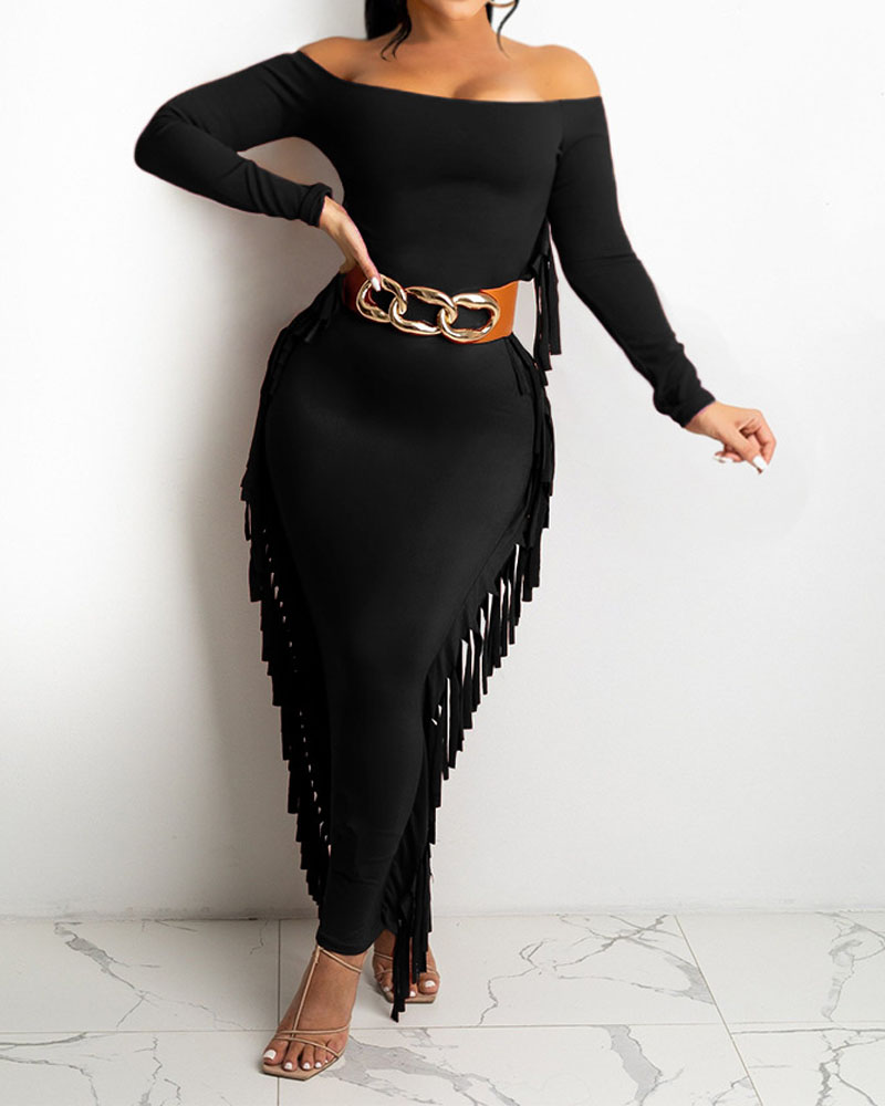 

Off Shoulder Fringe Trim Bodycon Dress, Black