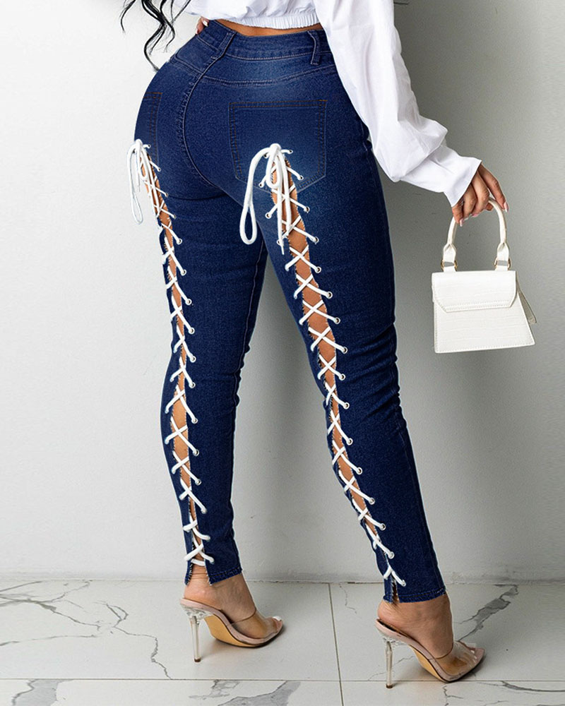 

Plus Size Zipper Fly Grommet Eyelet Lace-Up Skinny Jeans, Dark blue