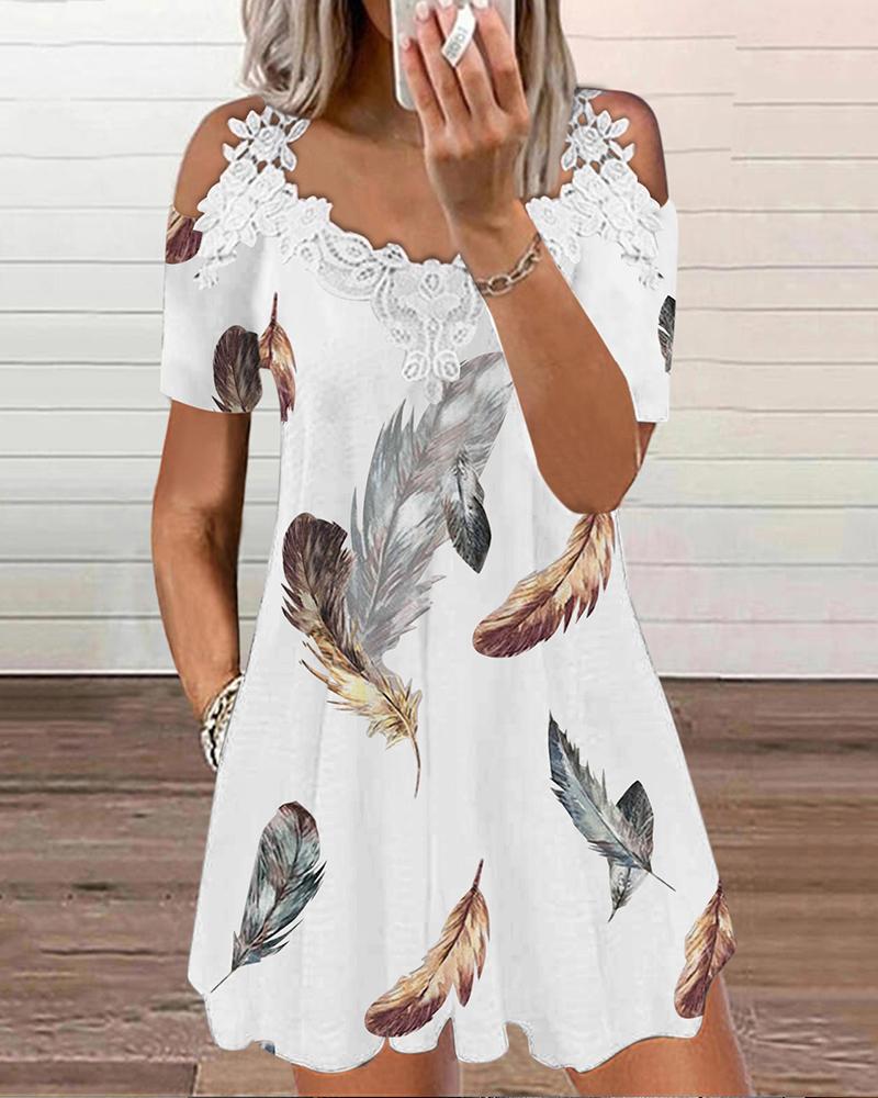 

Feather Print Contrast Lace Cold Shoulder Swing Dress, White