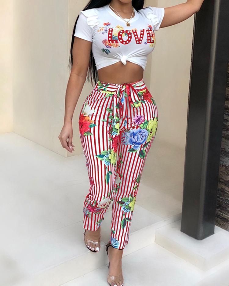 

Print Cropped Top&Pinstriped Floral Belted Pant Set, Red