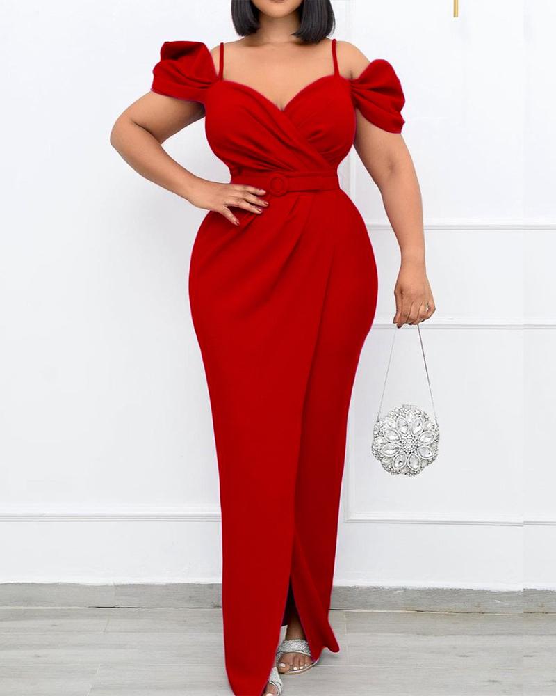 

Puff Sleeve High Slit Ruched Evening Dress, Red