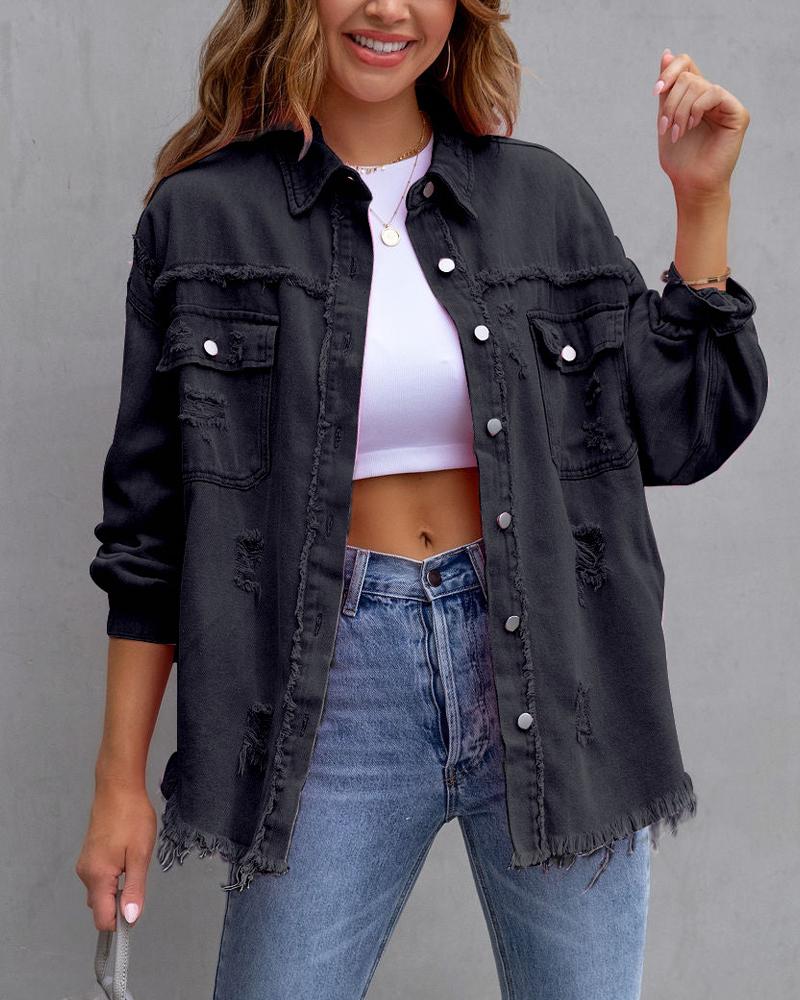 

Raw Hem Pocket Design Denim Coat, Black