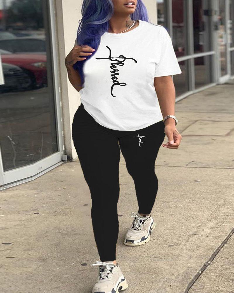 

Plus Size Blessed Print Casual Top & Pants Set, Black