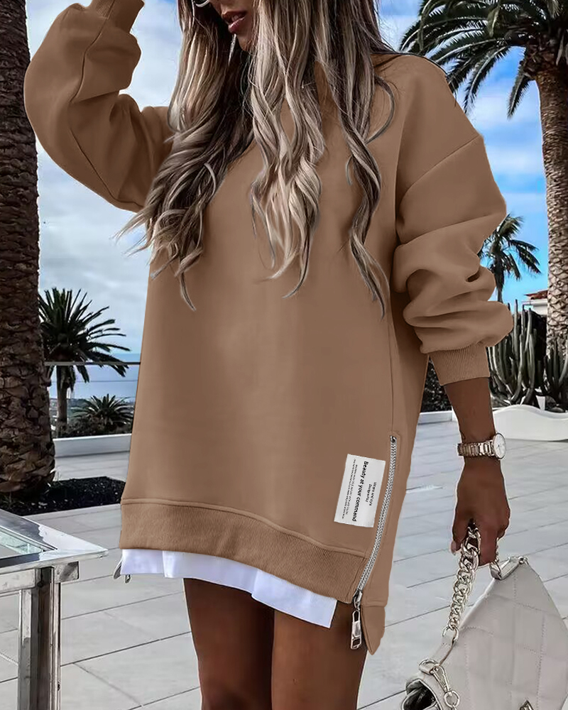 

Robe sweatshirt à manches longues et fermeture éclair, Brown