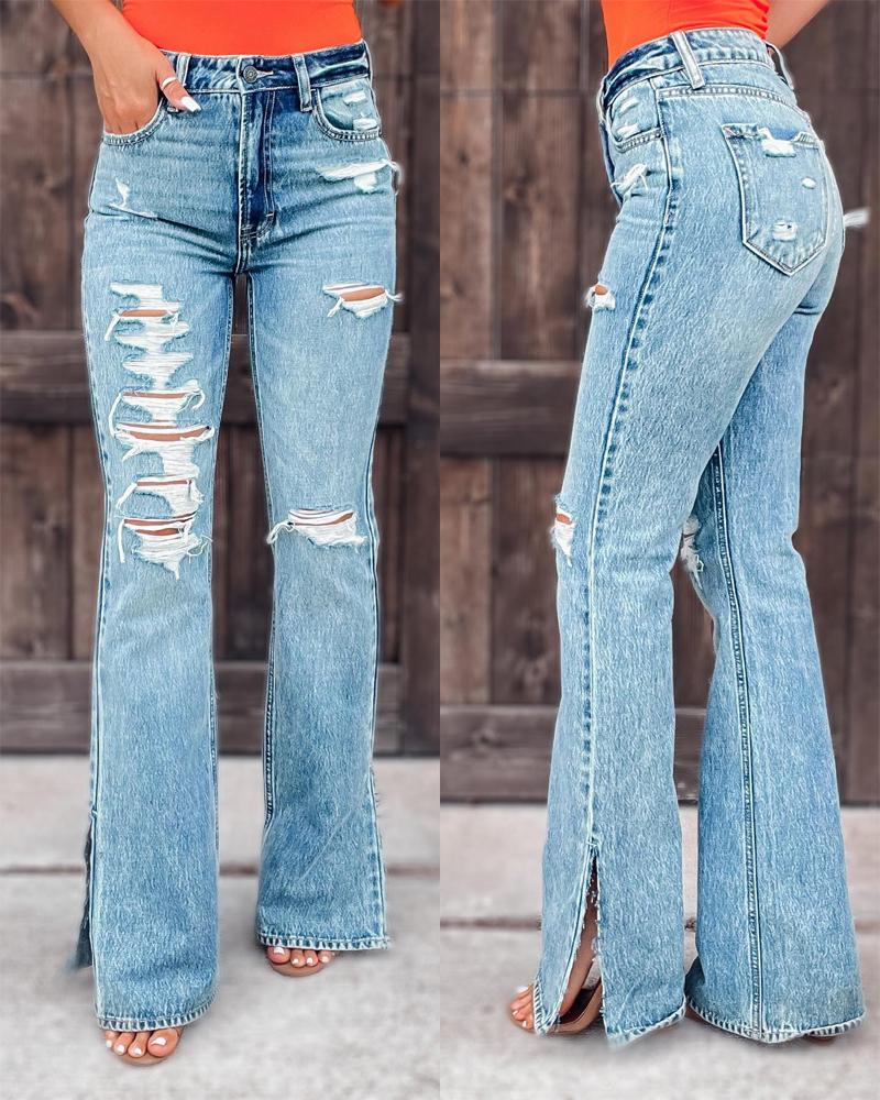

Zipper Fly Cutout Ripped Split Hem Bootcut Jeans, Blue