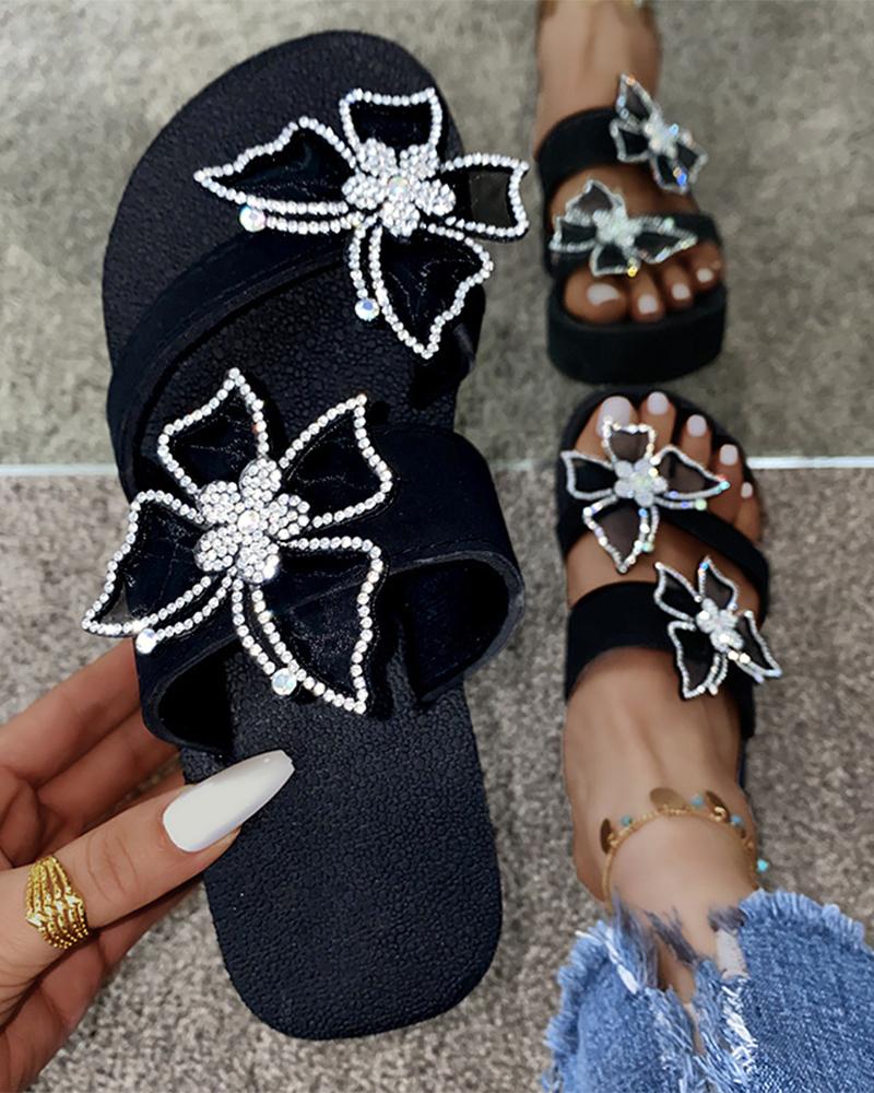

Crystal Round-toe Open-toe Flat Platform Sandals, Black