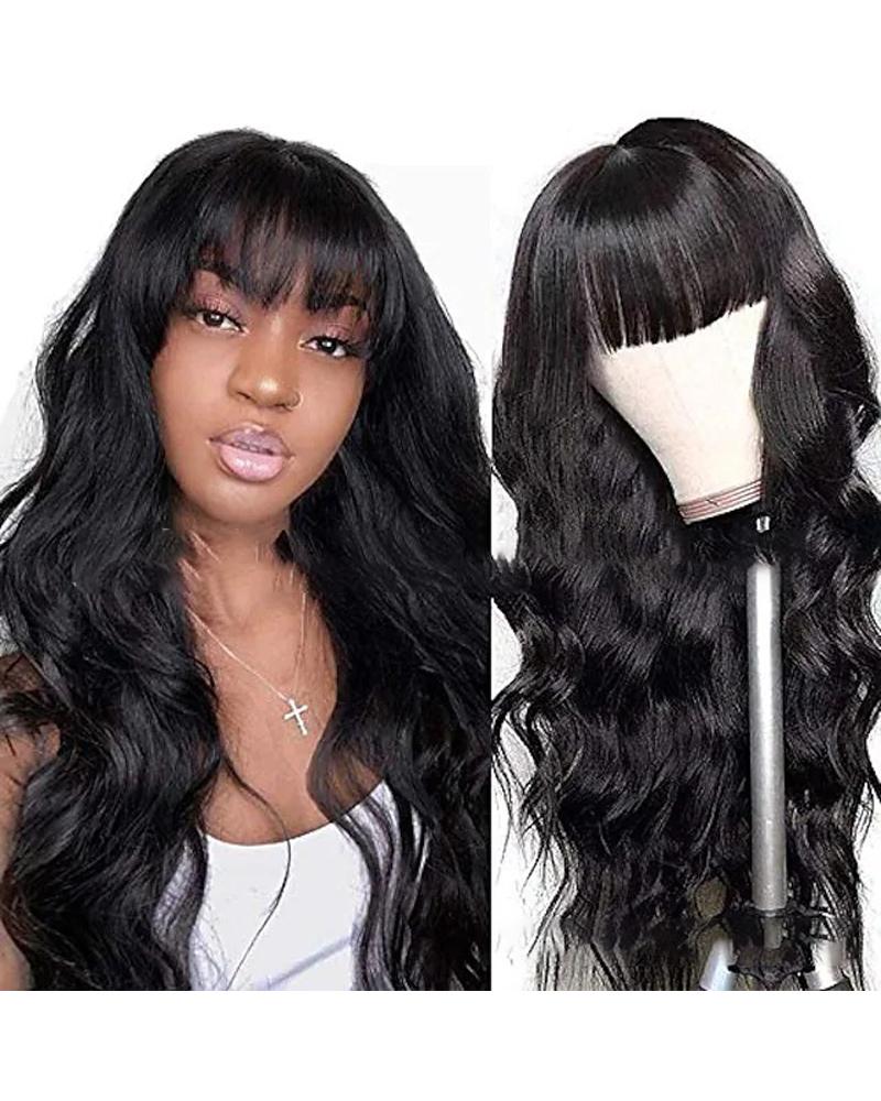 

Natural Long Curly Hair Wig Adjustable Design Synthetic Wig With Bangs, Black