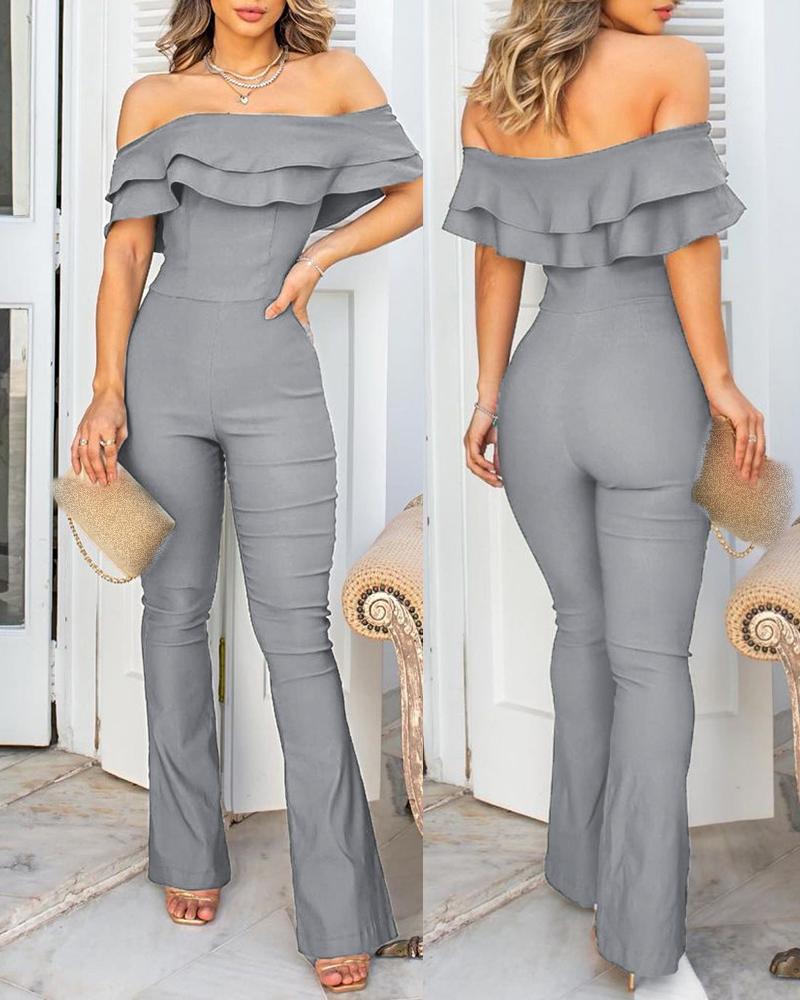 

Off Shoulder Layered Ruffles Bootcut Jumpsuit, Gray