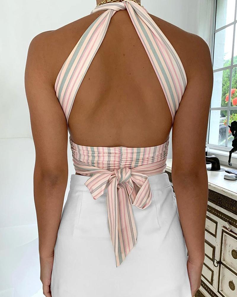 

Striped Colorblock Halter Knotted Backless Crop Top, Pink