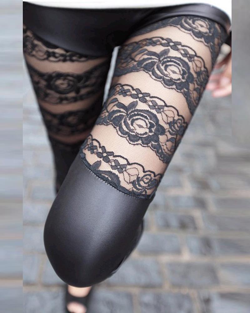 

Contrast Lace PU Leather Skinny Pants, Black