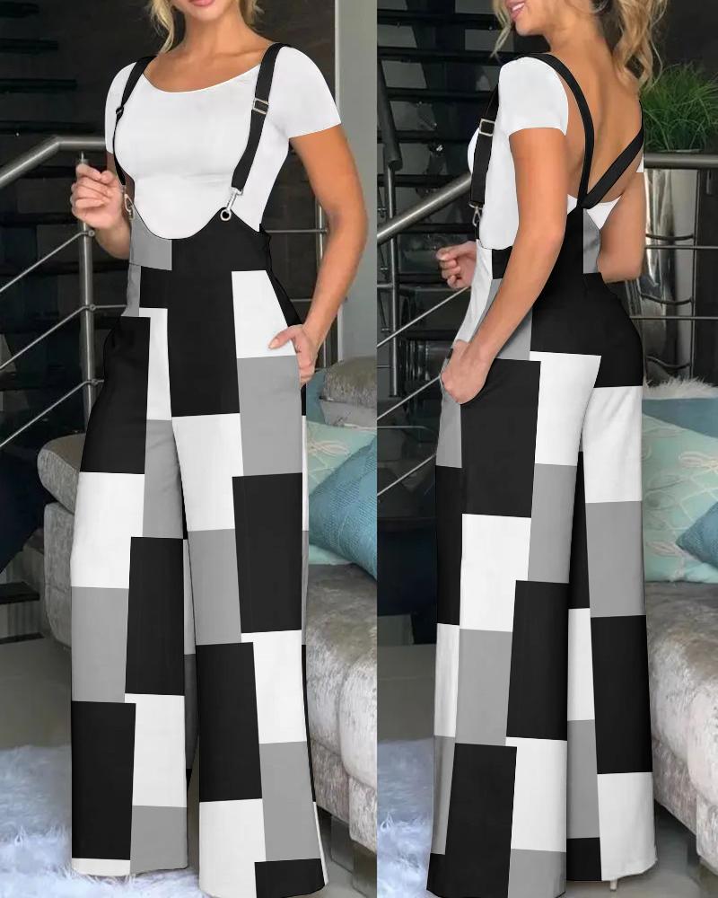 

Geometric Print Wide Leg Suspender Jumpsuit, Black