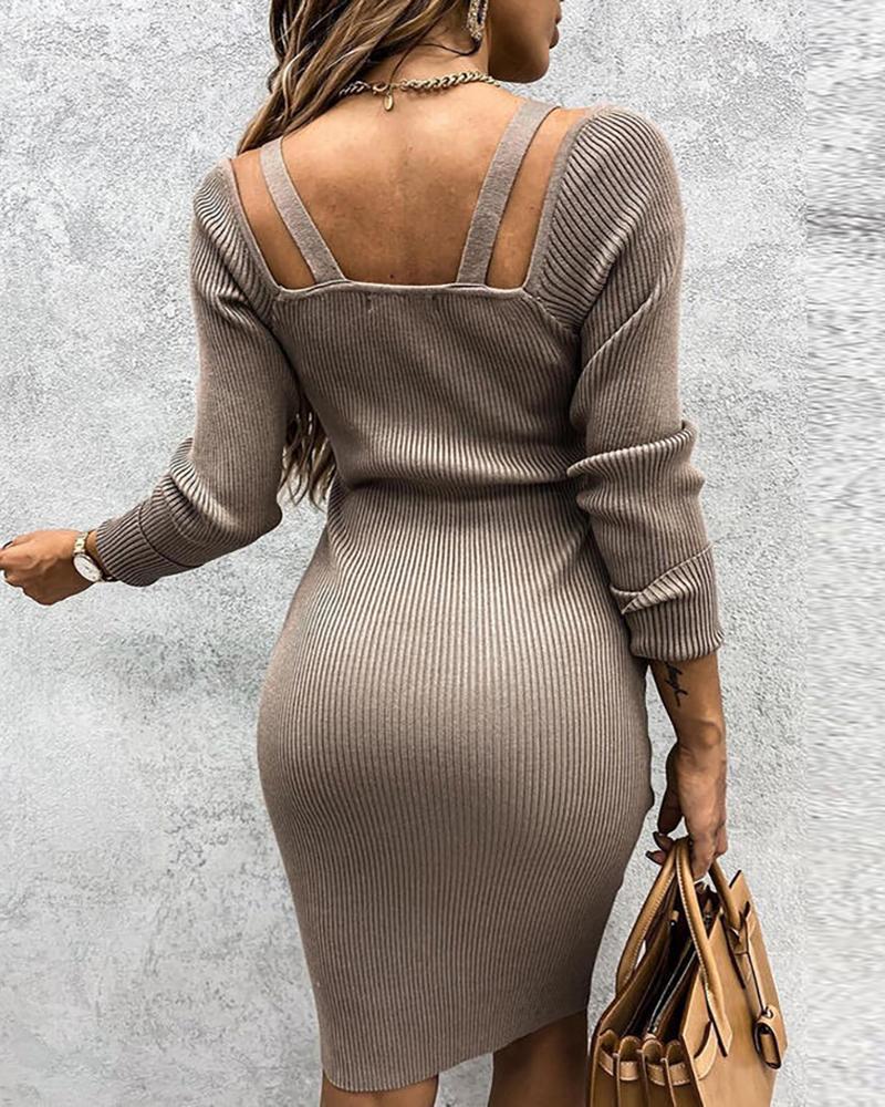 

Mental Ring Design Ribbed Long Sleeve Dress, Brown