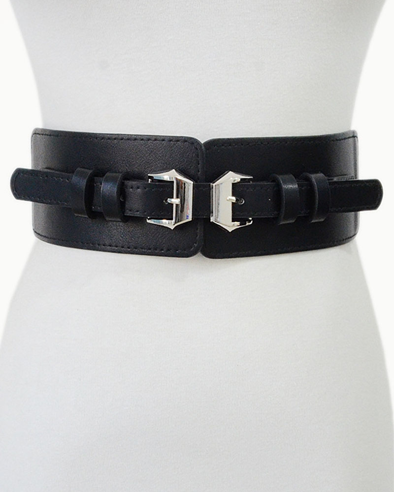 

1pc Metal Buckle Elastic Wide Belt, Black