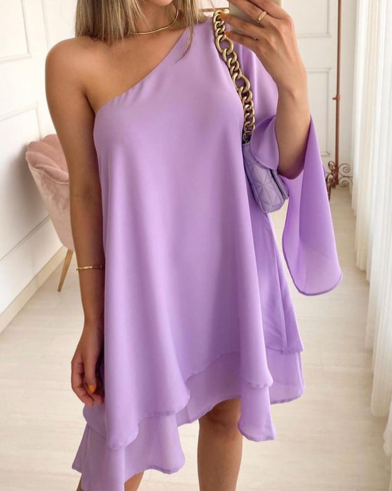 

One Shoulder Bell Sleeve Casual Dress, Light purple