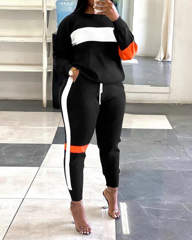 

Plus Size Colorblock Long Sleeve Casual Top & Pants Set, Black