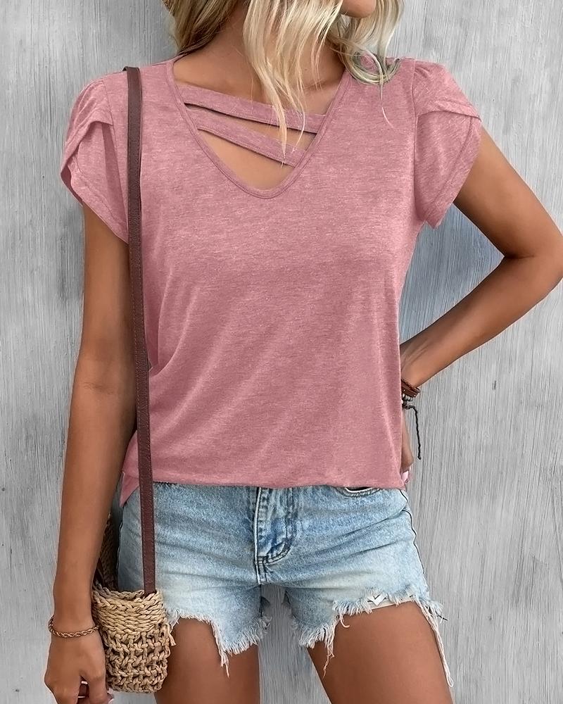 

V-Neck Cutout Petal Sleeve Top, Pink