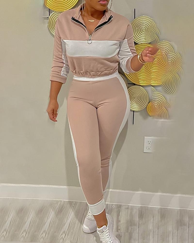 

Colorblock Long Sleeve Zipper Design Top & Pants Set, Apricot